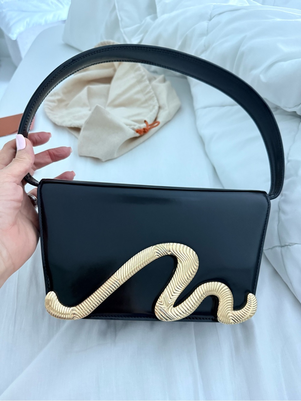 Cult Gaia Black Patent Shoulder Bag with Gold Snake Accent